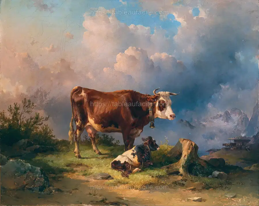 A Cow with a Calf in an Alpine Pasture, in the Background the Dachstein massif apercu