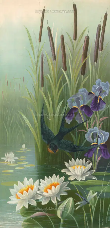 Bird flying over water with cat tail plants, Irises and water lilies (1897) apercu
