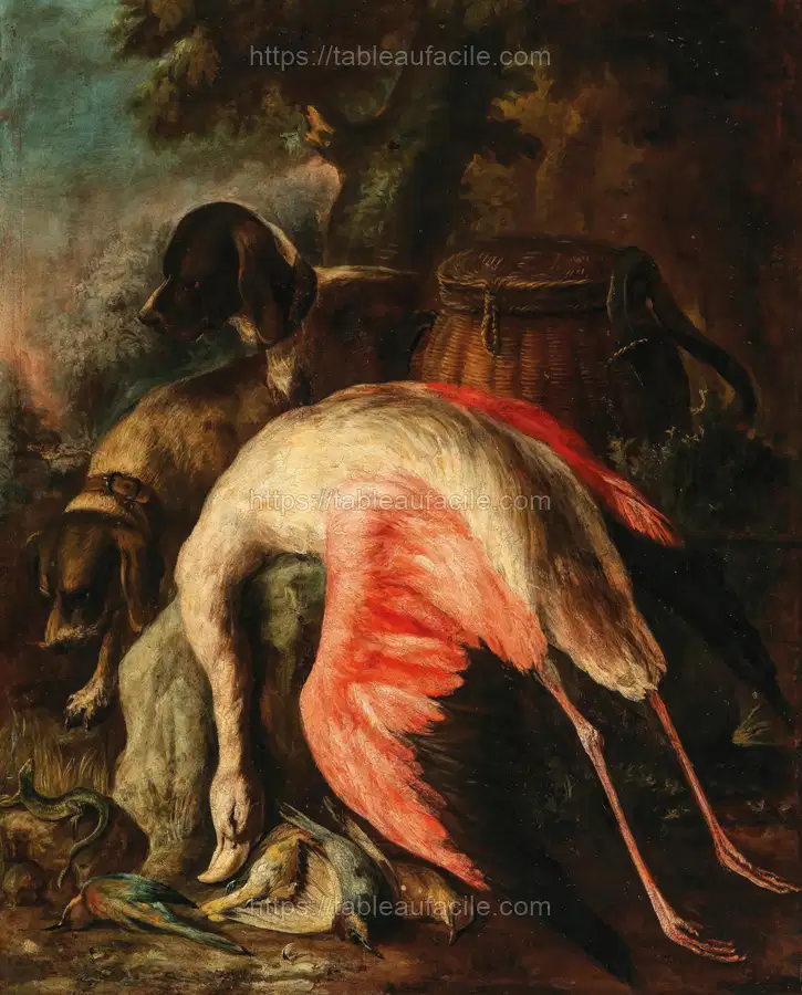 Hunting dogs with a flamingo and other game in a landscape apercu