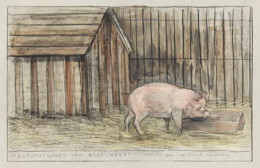 Varken Voor zijn kot bij een trog (1900)  by Theo van Hoytema apercu