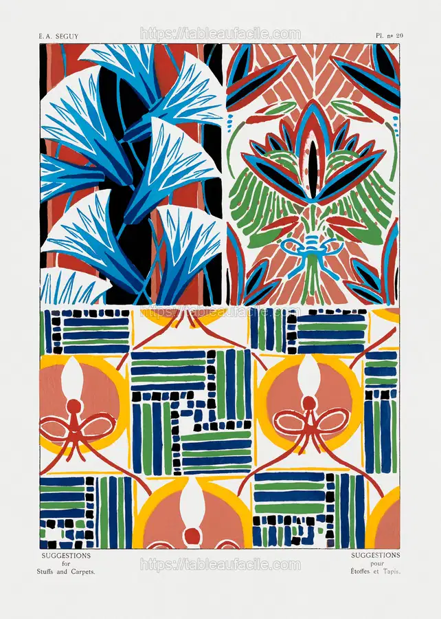 Vintage floral patterns, Art Nouveau flower pochoir stencil print for fabric and textile designs by E. A. Séguy apercu