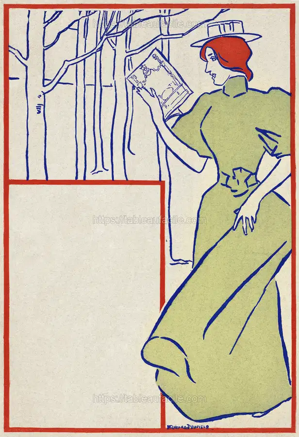 Woman in green dress reading a book (1895) by Edward Penfield apercu