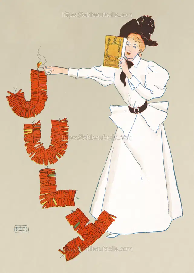 Woman lighting up firecrackers (1894) by Edward Penfield apercu