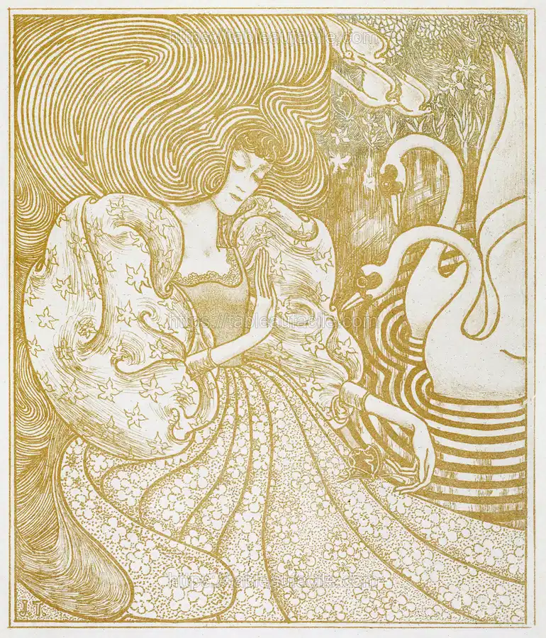 Woman with a Butterfly at a Pond with Two Swans (1894) by Jan Toorop apercu