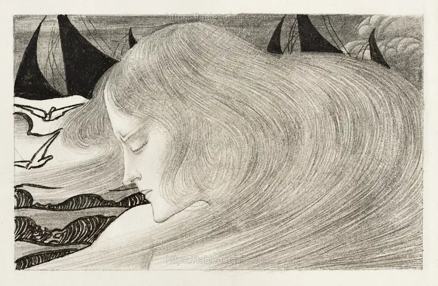 Young woman with wavy hair in front of a sea with ships (1900) by Jan Toorop apercu