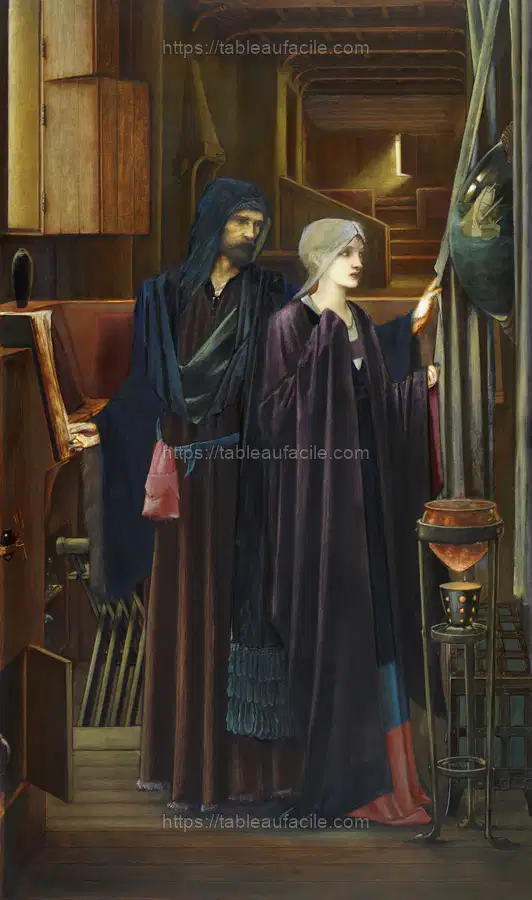 young, veiled girl, behind a drape (1898) painting in high resolution by Sir Edward Burne–Jones apercu