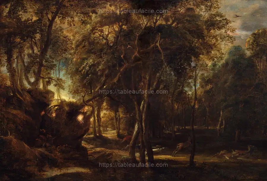 A Forest at Dawn with a Deer Hunt by Peter Paul Rubens apercu
