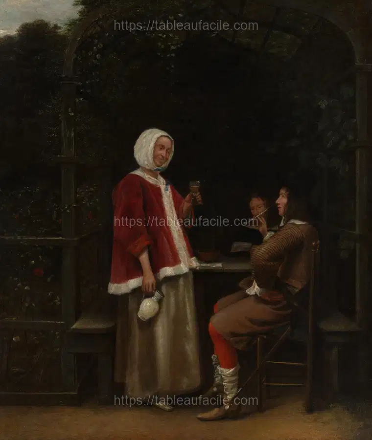 A Woman and Two Men in an Arbor by Pieter de Hooch apercu