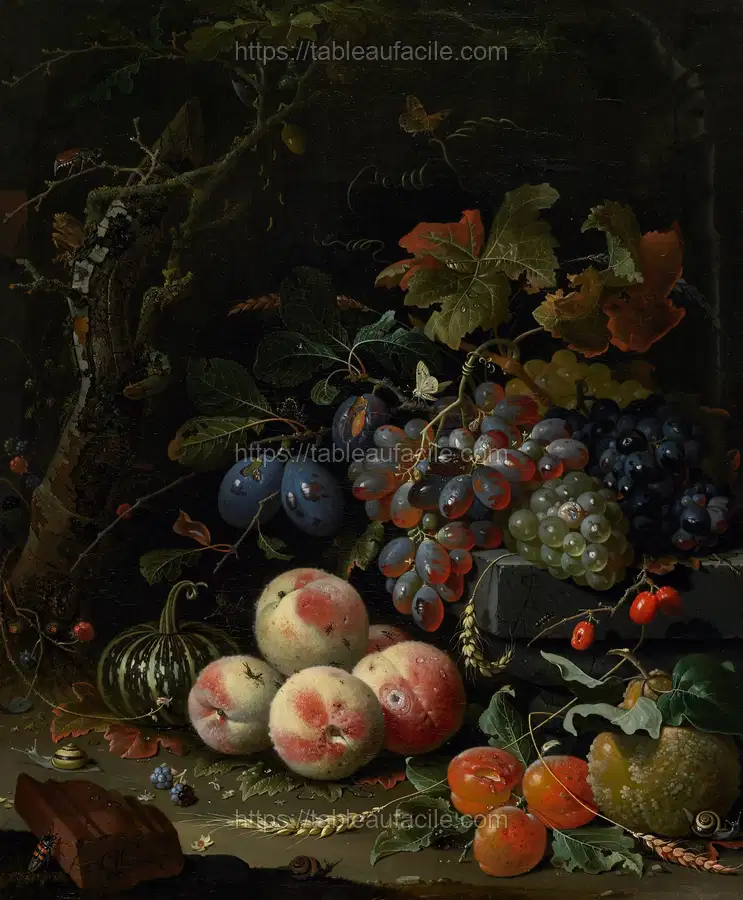 Dutch still life with fruit, foliage, and insects apercu