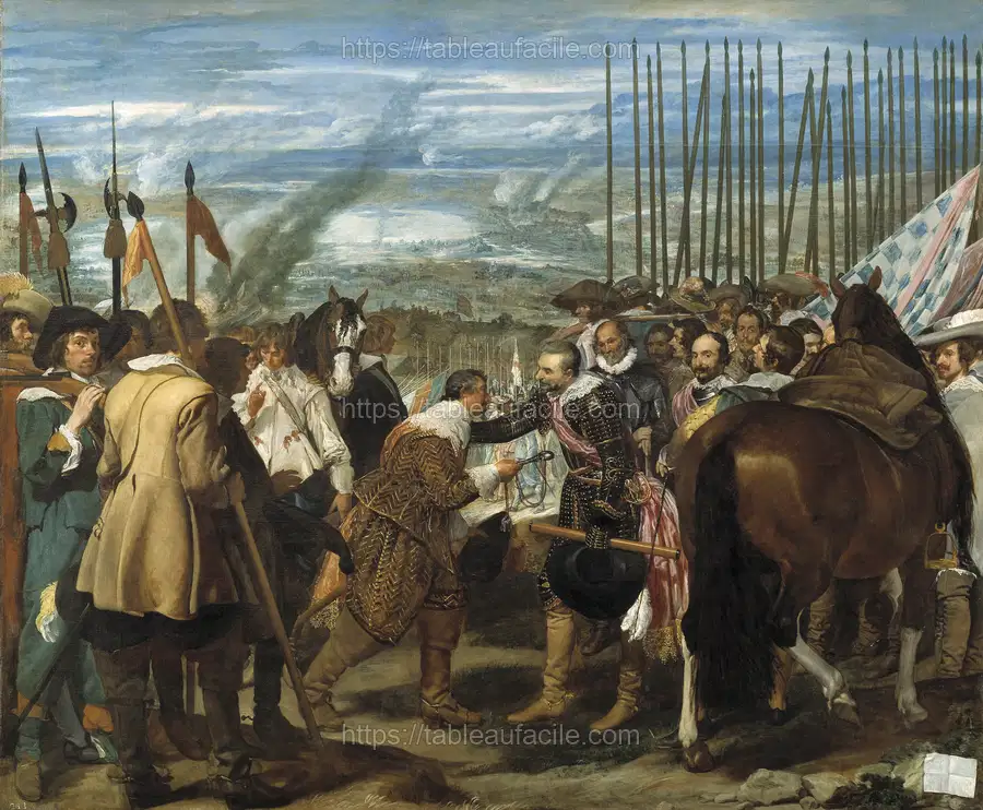 Español La obra representa el momento en que Justino de Nassau rindió la ciudad de Breda, en 1625 apercu