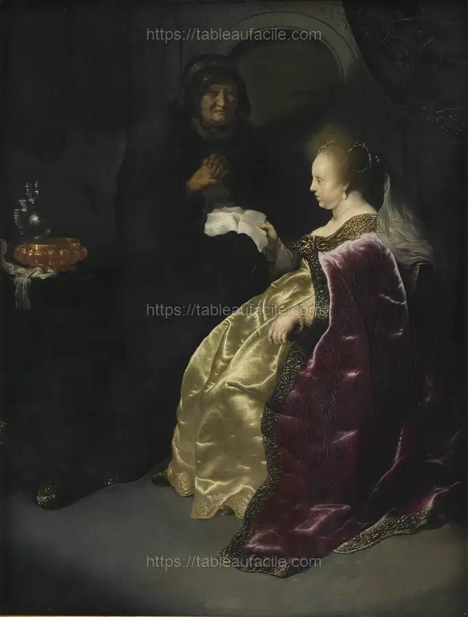 Esther reads Haman_s letter about the extermination of the Jews by Rembrandt van Rijn apercu
