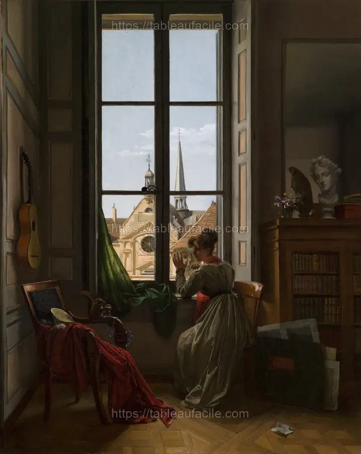 Interior with Young Woman Tracing a Flower apercu