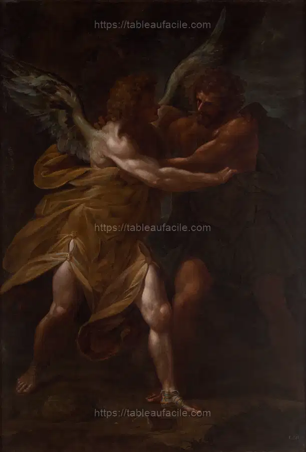 angel with blonde curly hair at left, wearing flowing yellow garment and gold and blue sandals apercu