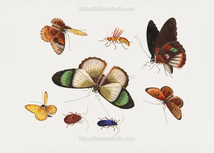 Chinese insect drawing of five butterflies apercu