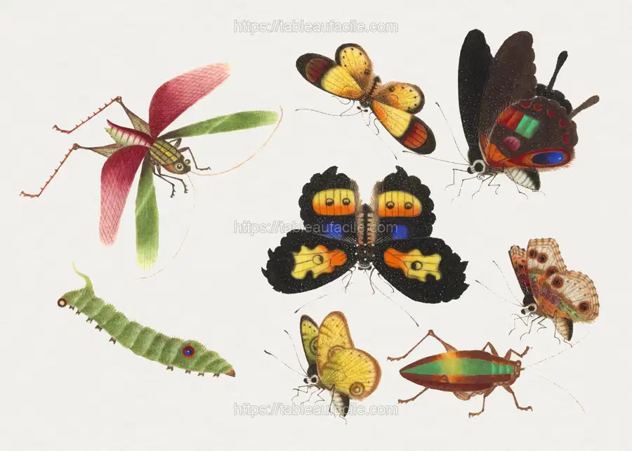 Chinese insect drawing of five butterflies, a beetle, caterpillar and a grasshopper from the 18th century apercu