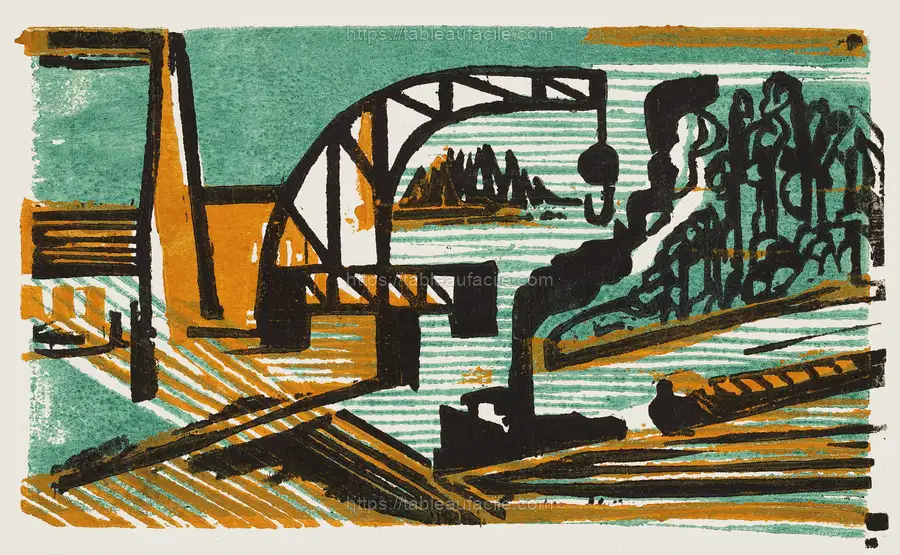 River Landscape with Crane and Barges (1927) Ernst Ludwig Kirchner apercu