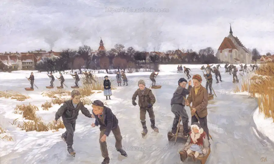 Children skating outside Fåborg by Peter Hansen apercu