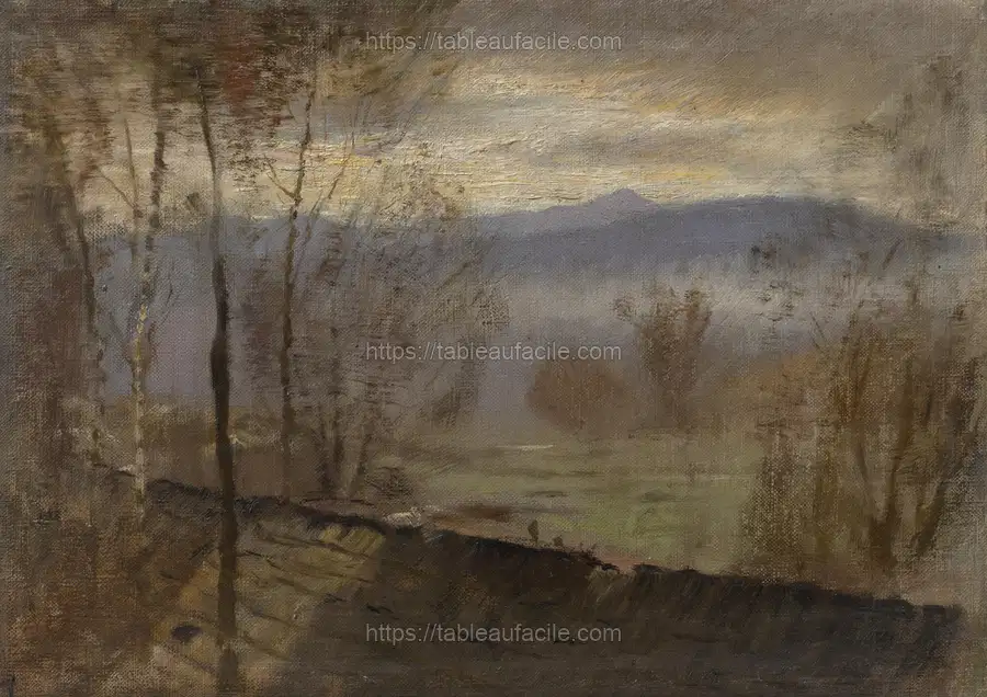 Early evening landscape with a river by László Mednyánszky apercu