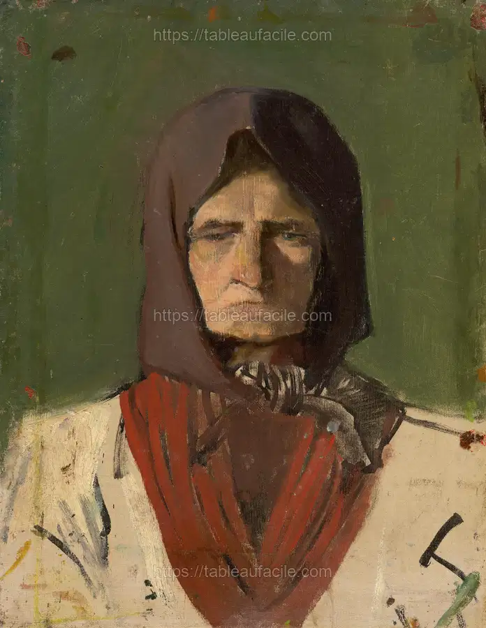 Head of a villager in a dark scarf by László Mednyánszky apercu