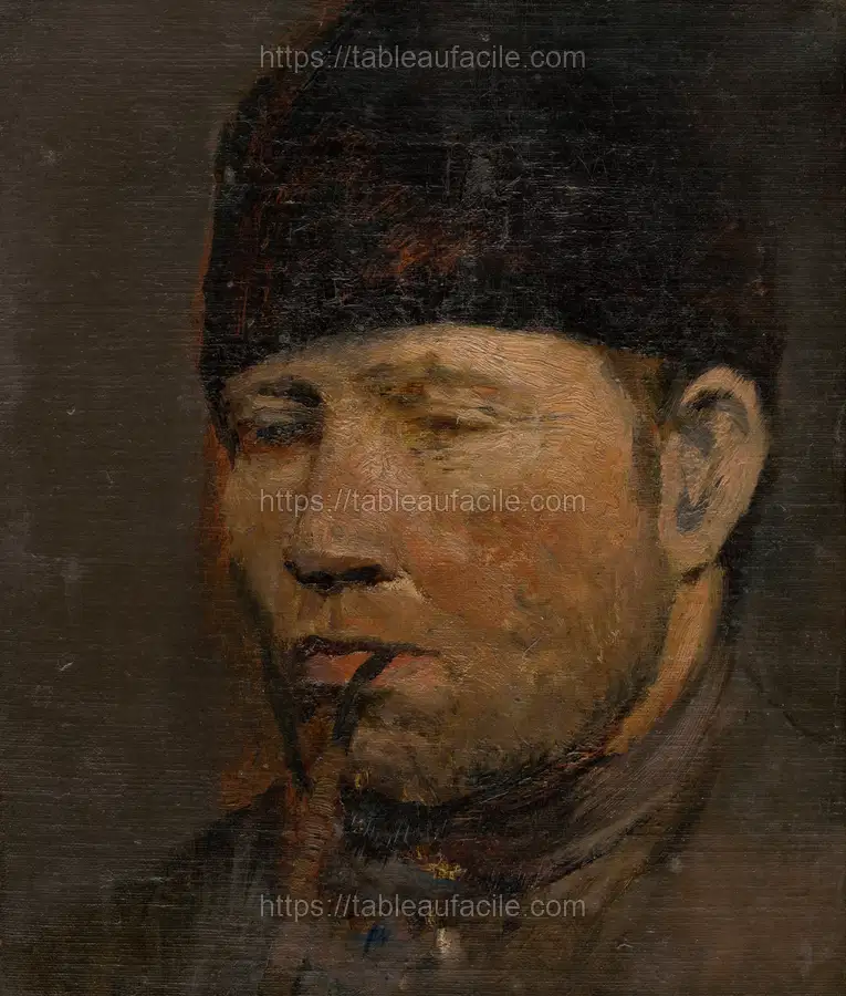 Head study of a peasant with a pipe by László Mednyánszky apercu