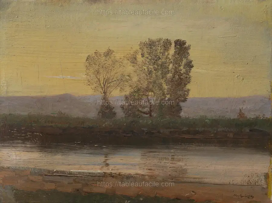 Landscape at twilight with river and cluster of trees by László Mednyánszky apercu