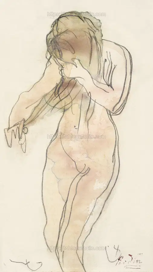 Naked woman posing sensually, vintage erotic art. Study of nude (standing, combing her hair) by Auguste Rodin apercu