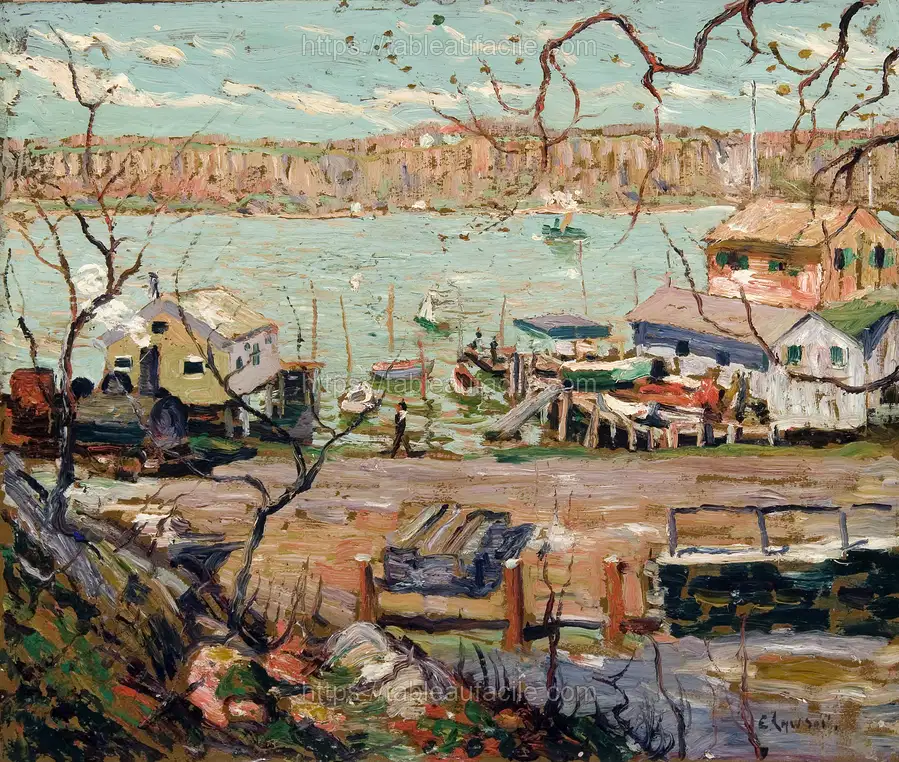 River Scene–Boats and Houses by Ernest Lawson apercu