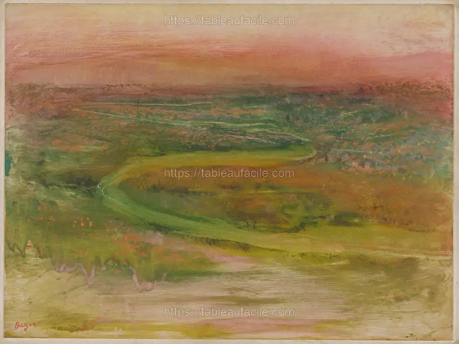 S-shaped path in an abstracted landscape_ greens_ pinks in foreground apercu