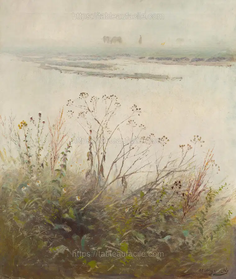 Shore of flooded river in blossom by László Mednyánszky apercu