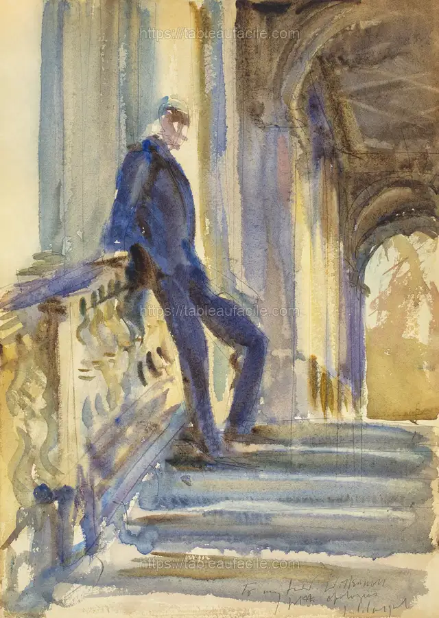 Sir Neville Wilkinson on the Steps of the Palladian Bridge at Wilton House (ca. 1904–1905) by John Singer Sargent apercu