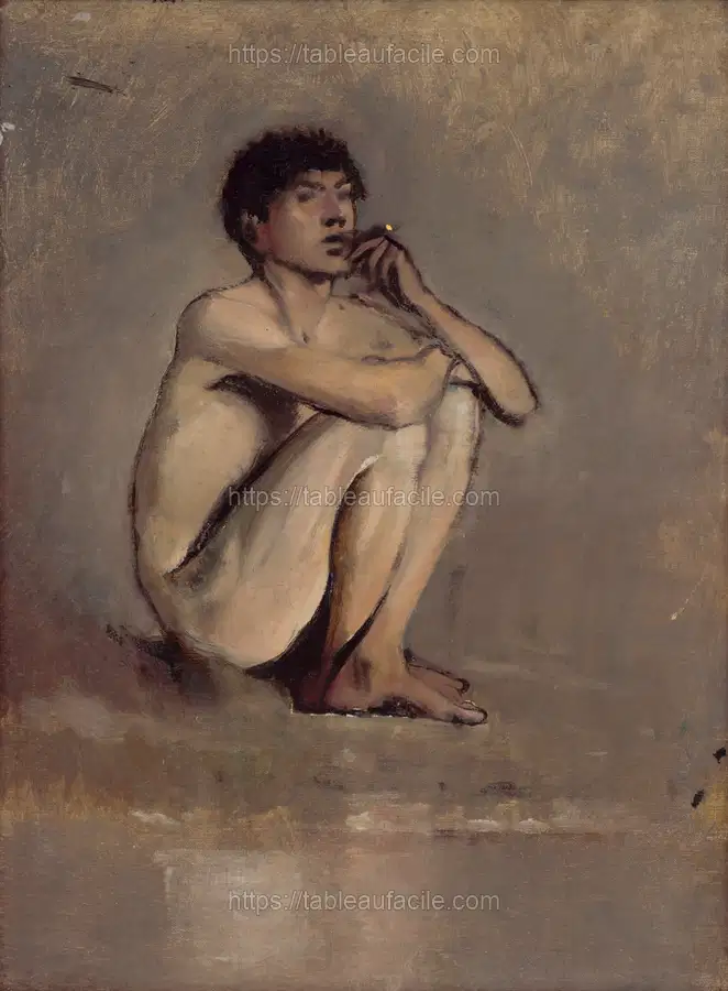 Study of a seated nude of a young man by László Mednyánszky apercu