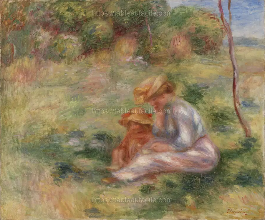 Woman and Child in the Grass (Femme avec enfant sur l_herbe) by Pierre Auguste Renoir apercu