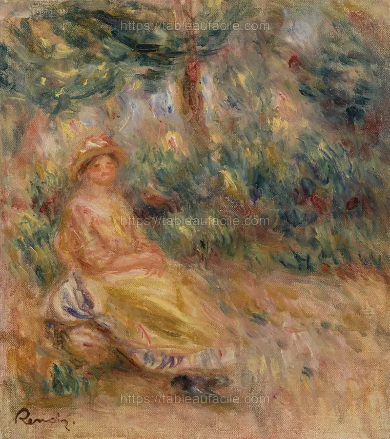 Woman in Pink and Yellow in a Landscape (Femme en rose et jaune dans un paysage) by Pierre Auguste Renoir apercu