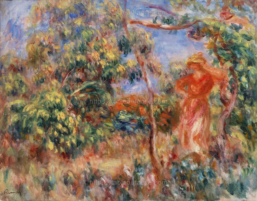 Woman in Red in a Landscape (Femme en rouge dans un paysage) (1917) by Pierre-Auguste Renoir apercu