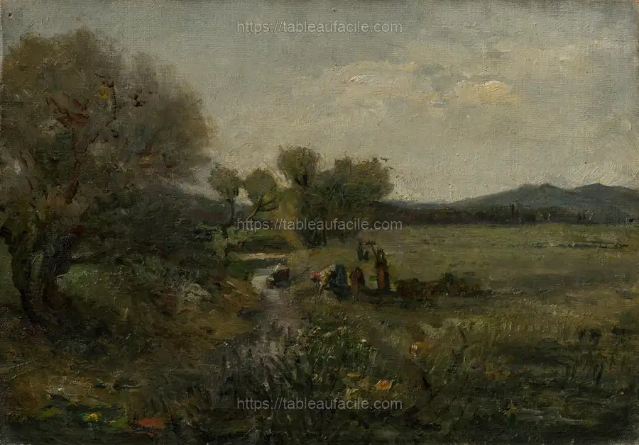 Women at the creek by László Mednyánszky apercu