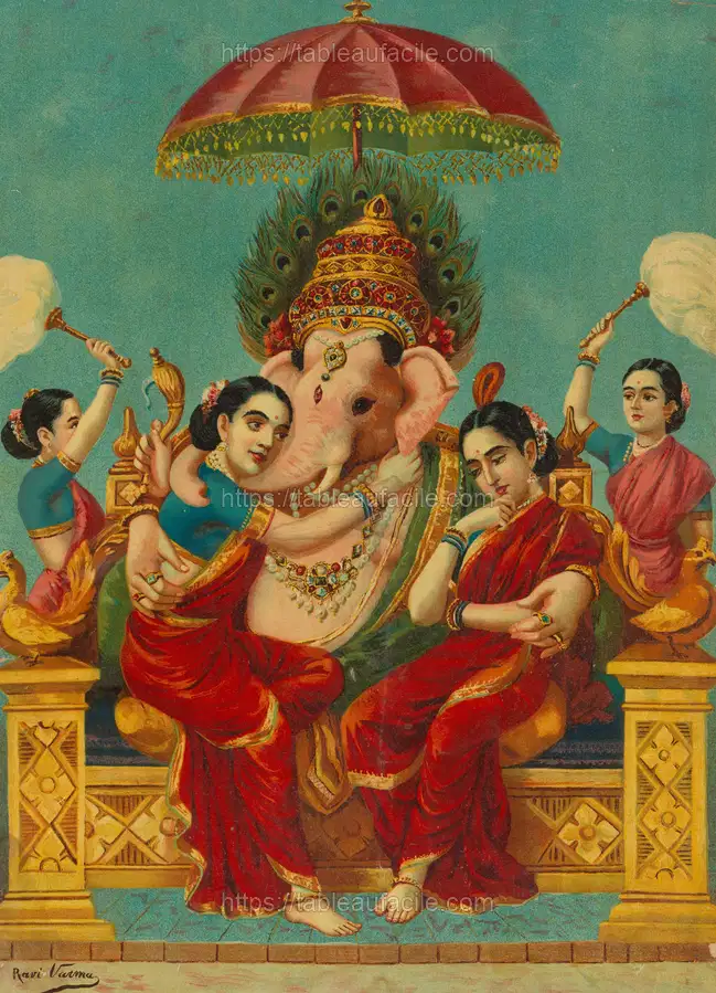 Ganapati with his consorts Riddhi and Siddhi, India apercu