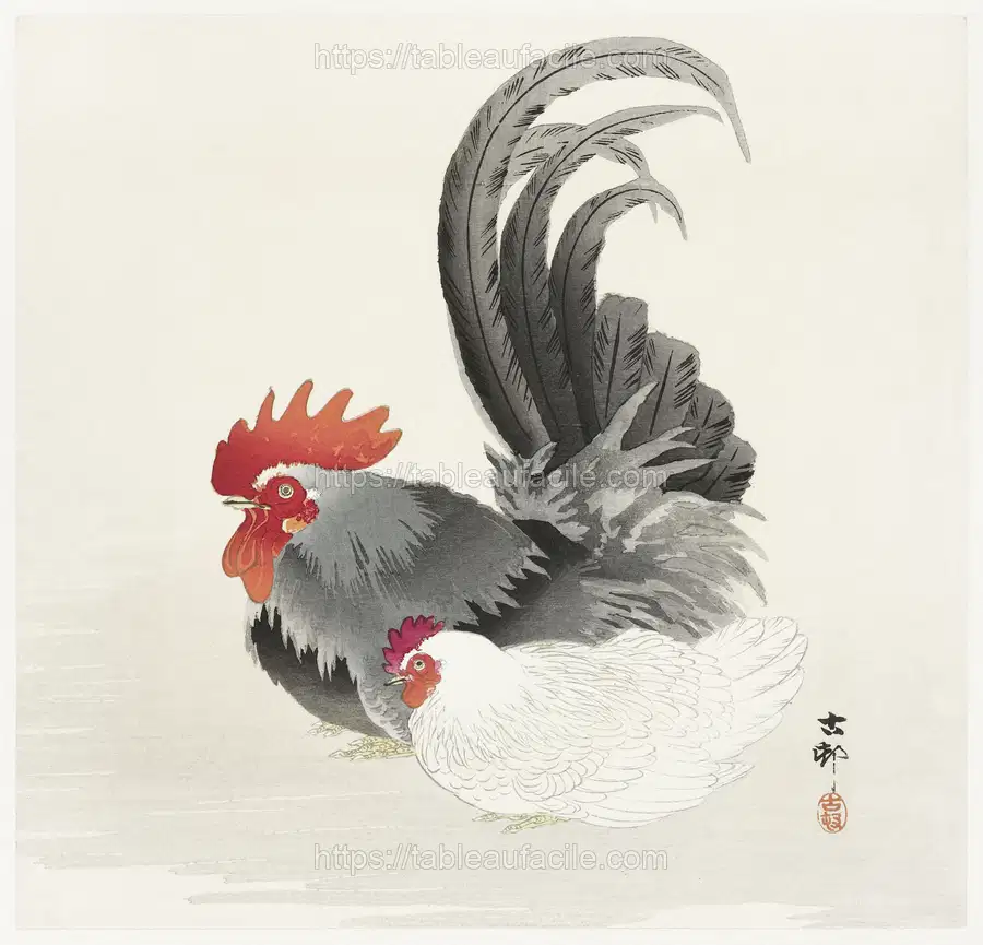 Chicken and cock (1900 - 1936) by Ohara Koson apercu