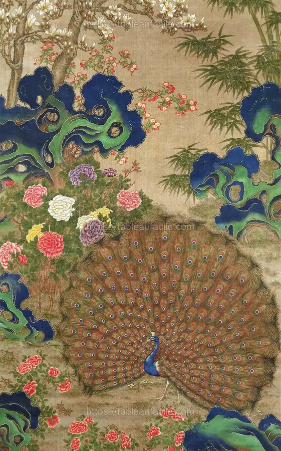 Chinese peacock and flowers (17th century) vintage painting apercu