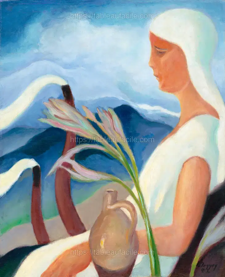 Girl in white with factory chimneys and flowers (1932) vintage illustration by Zolo Palugyay apercu