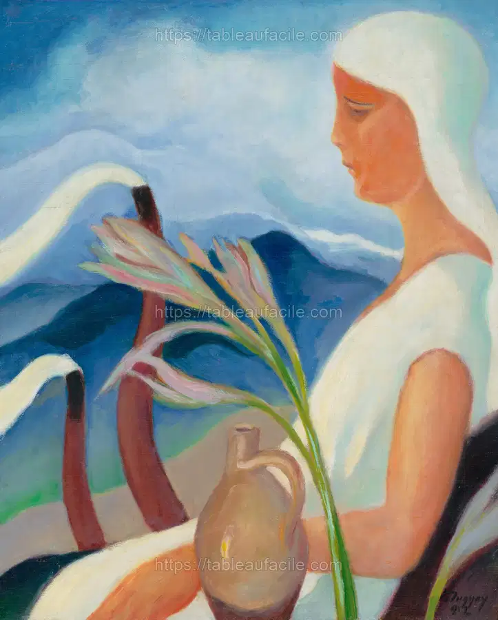 Girl in white with factory chimneys and flowers by Zolo Palugyay apercu