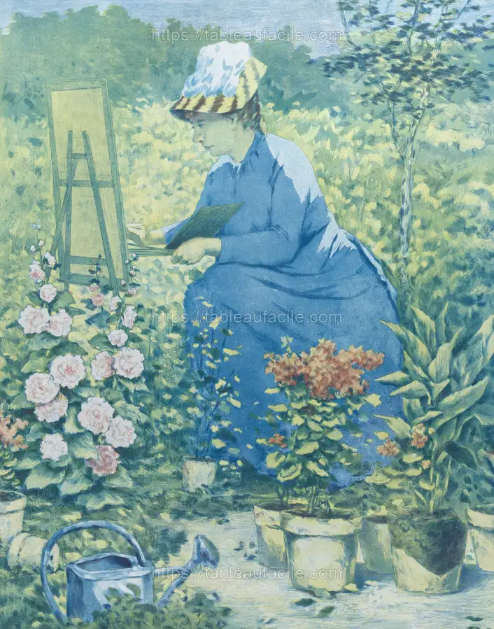Jeanne Gonzales Painting in the Garden by Henri-Charles Guérard apercu