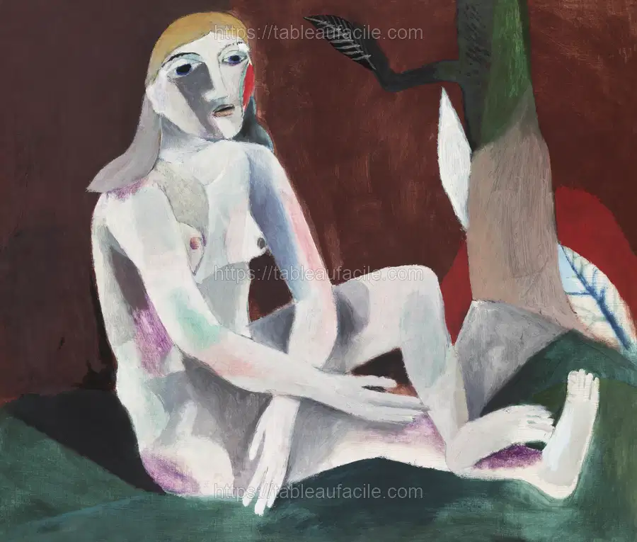 Naked woman showing her breasts, vintage erotic art. Seated Nude (1920) by Heinrich Campendonk apercu