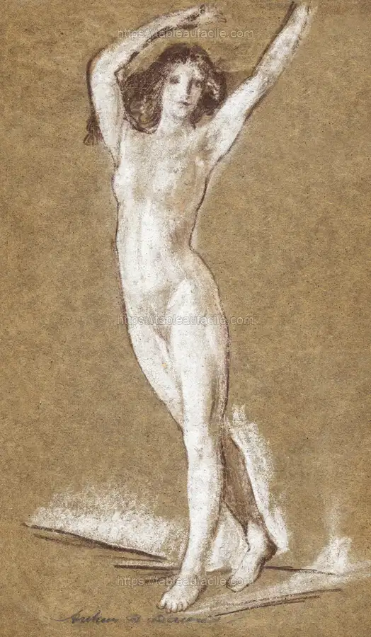Naked woman showing her breasts, vintage erotic art. Standing Female Nude by Arthur B. Davies apercu