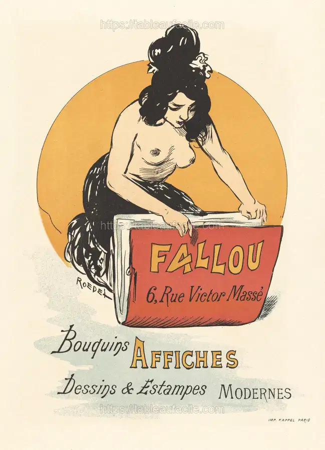 Naked woman showing her breasts, vintage nude illustration. Affiche voor boek- en prenthandel Fallou te Parijs apercu