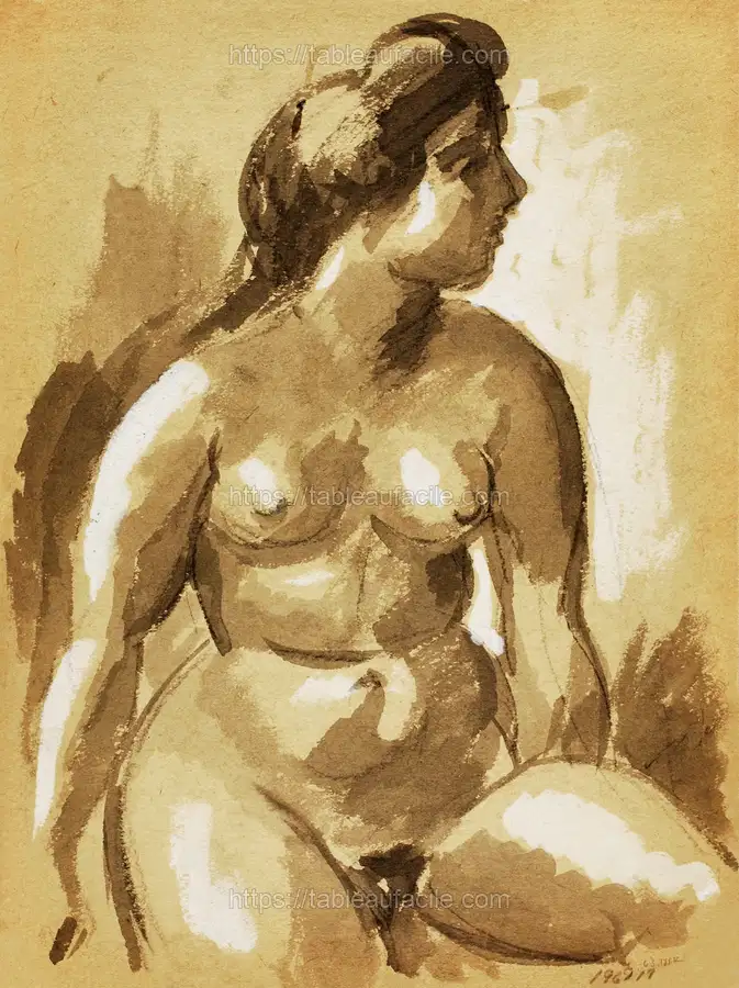 Naked woman showing her breasts, vintage nude illustration. Seated Female Nude by Carl Newman apercu
