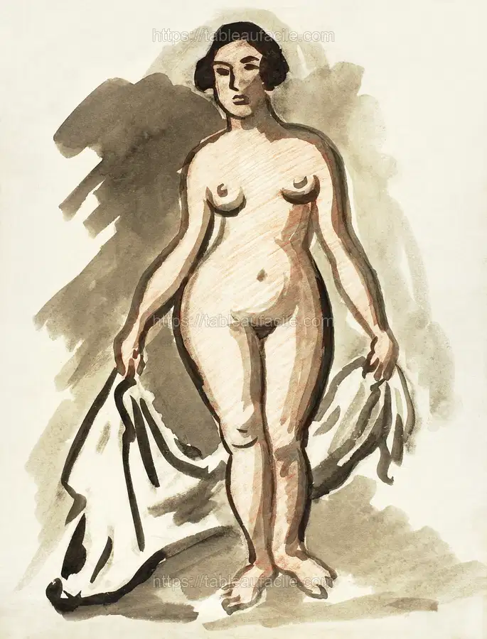 Naked woman showing her breasts, vintage nude illustration. Standing Female Nude with Drape by Carl Newman 1 apercu