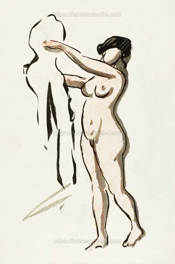 Naked woman showing her breasts, vintage nude illustration. Standing Female Nude with Drape by Carl Newman apercu