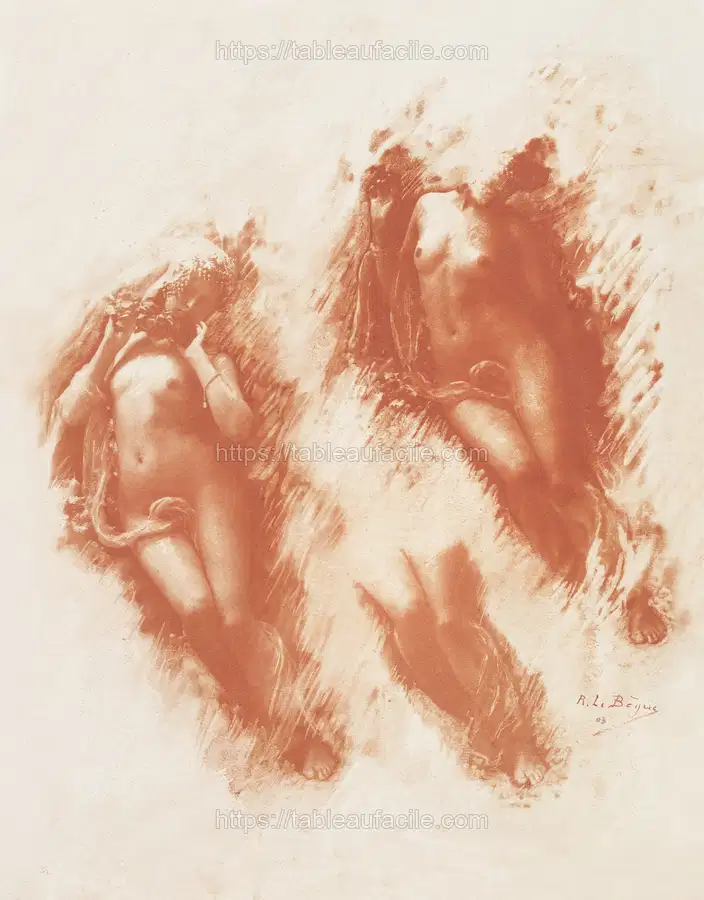 Naked women showing her breasts, vintage nude illustration. Study in Orange (1903) by René Le Bègue apercu