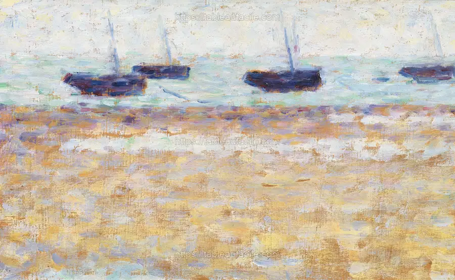 Four Boats at Grandcamp (Quatre bateaux Ã Grandcamp) (ca. 1885) by Georges Seurat apercu