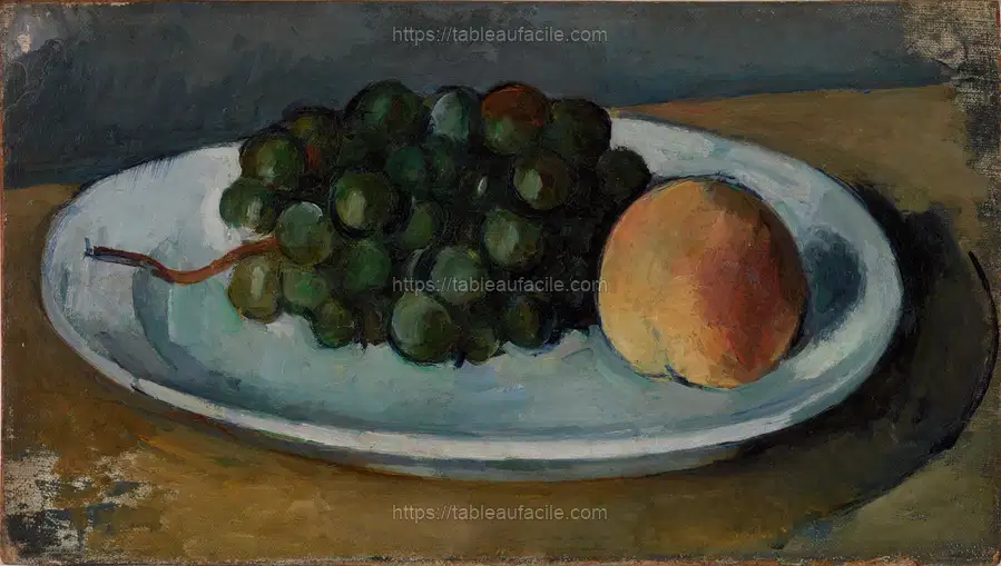Grapes and Peach on a Plate (Grappe de raisin et pêche sur une assiette) by Paul Cézanne apercu